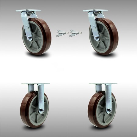 Service Caster 8 Inch SS Polyurethane Caster Set with Roller Bearings 2 Swivel Lock 2 Rigid SCC SCC-SS30S820-PPUR-BSL-2-R-2